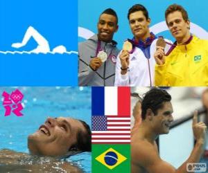 Puzzle Πόντιουμ κολύμβηση ανδρών 50 μέτρο freestyle, Florent Manaudou (Γαλλία), Κάλλεν Jones (Ηνωμένες Πολιτείες) και Σέζαρ Cielo (Βραζιλίας) - London 2012-
